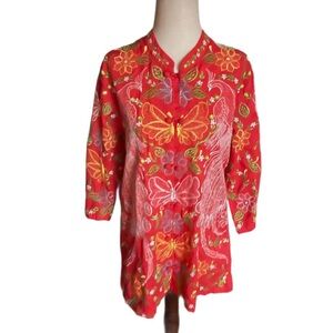 Leandra ~ Medium ~ Embroidery ~ Red W/ Multi-Colors ~ Floral/Butterfly ~ Blouse